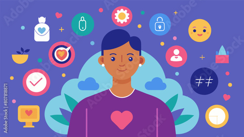 A digital illustration of a person surrounded by affirmations and positive messages promoting selflove and emotional wellbeing..