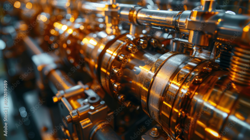 Fototapeta premium Close-up of shiny, complex engine machinery in an industrial setting, highlighting precision and engineering expertise.
