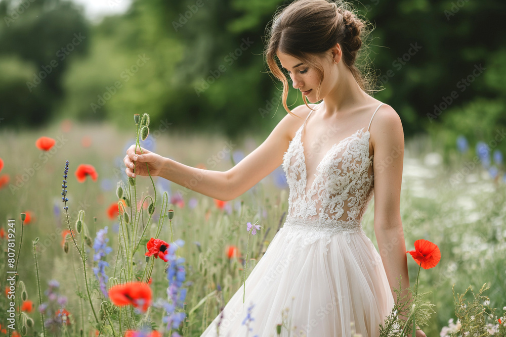 Photograph of an elegant bride in her wedding dress, holding flowers and reaching out to touch the vibrant red poppies and blue cornflowers growing amidst green meadows on Valentine's Day Photograph of an elegant bride in her wedding dress, holding flowers and reaching out to touch the vibrant red poppies and blue cornflowers growing amidst green meadows on Valentine's Day