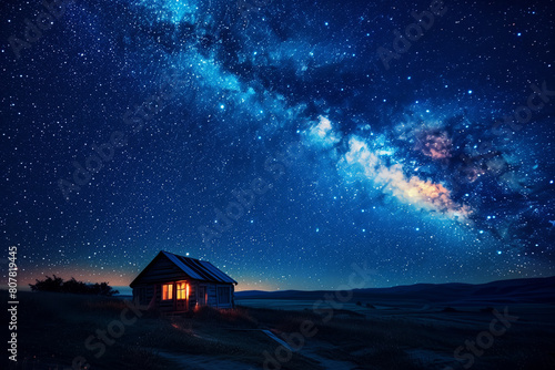 Majestic Milky Way over a mountain lake with a reflecting light wooden house © bashkirovaphoto