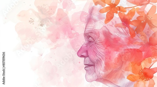 Elderly woman silhouette portrait with simple floral line art on white background