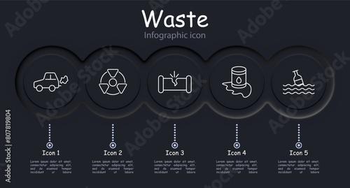 Waste set icon. Car, gas, refuse, tailings, cheeseparings, cracked pipe, bottle, water, garbage in ocean, radiation, rubbish, nuclear plant, nuclear waste, carbon gas, infographic. Refuse concept.