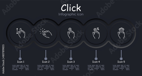Clicks set icon. Press, double touch, 3D touch, zoom out, zoom in, swipe, shift, rotate, scroll, delay, load, left finger, hand, palm, feed, triple tap, infographic, neomorphism. Gestures concept.