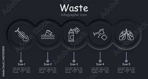 Waste set icon. Fish skeleton, refuse, tailings, cheeseparings, spray can, paint, lungs, glass, plastic, garbage in water, environmental pollution, infographic, neomorphism. Refuse concept.