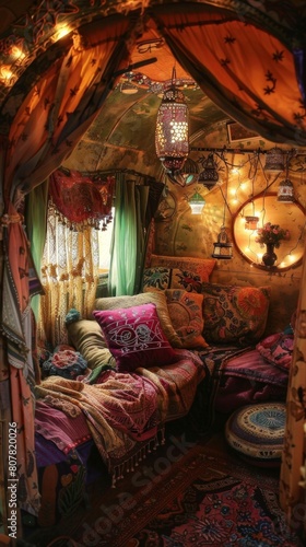 Brightly colored bedding and pillows are arranged in a tent. Mystical background 