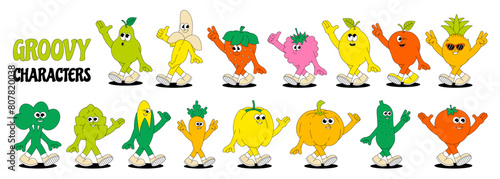 Summer Vegetables and Fruits. Retro groovy stickers and patches. Cute comic characters. Vector illustration.
