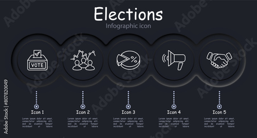 Elections set icon. Vote, candidate, speech, infographic, voting, percentage, diagram, statistics, neomorphism, hand, handshake, loudspeaker, people's opinion, passport. Electoral campaign concept.