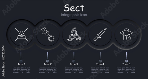 Sect set icon. Pentagram, Sigil of Baphomet, ritual dagger, sacrifices, inverted cross, Satan, 666, eye, key, infographic, worship, belief, faith, persuasion. Cult concept. photo