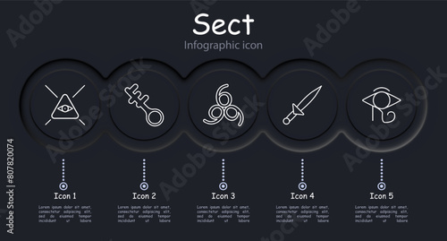 Sect set icon. Pentagram, Sigil of Baphomet, ritual dagger, sacrifices, inverted cross, Satan, 666, eye, key, infographic, worship, belief, faith, persuasion. Cult concept.