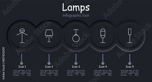 Icon set lamps. Lamps, fixtures, lighting, light, chandelier, lantern, light bulb, illumination, concept, variety, tube, illuminator, glow, luster, infographic. Choice concept.