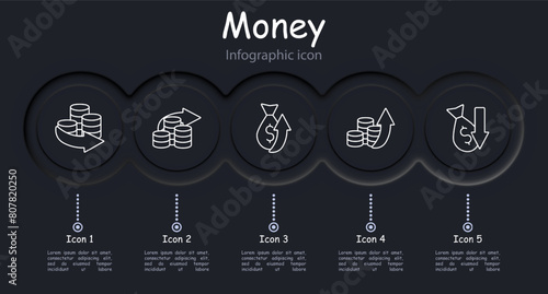 Money set icon. Coins, arrows, profit, losses, financial cycle, deposit, investment, increasing profit, bullion, dollar, bank transfer, large amount of money, infographic. Working with money concept.