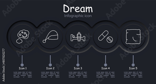 Dream set icon. Slumber, repose, bed, alarm clock, moon, stars, Z, snoring, melatonin, pillow, infographic, sleep cap, neomorphism, black on white. Sleep concept.