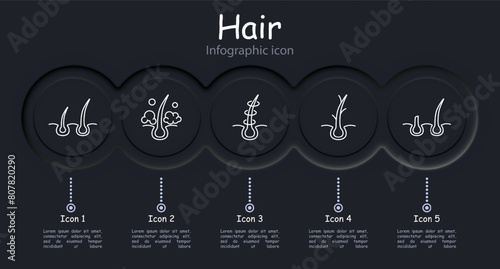 Hair set icon. Cut, infographic, shampoo, trichology, moisturizing, shine, skin itching, volume, hair cream, nutrition, strengthening, split ends, salon procedures, fragility. Hair care concept.