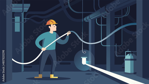 In a dimly lit bat the electrician is using a thin rod to guide a long white cable through a maze of pipes and beams to reach its final destination.. Vector illustration