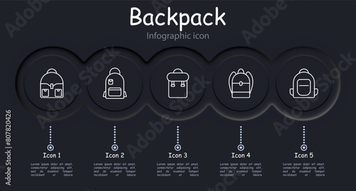 Backpack set icon. Rucksack, hike, travel, personal belongings, carry, school, sports, item of clothing and style, haversack, knapsack, infographic, neomorphism. Packsack concept.
