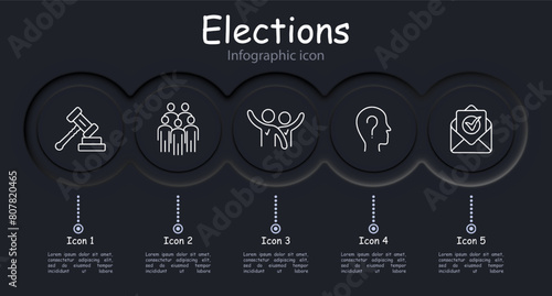 Elections set icon. Statistics, vote for candidate, sign, reflection, communication, discussion, infographic, neomorphism, envelope, letter, voter, group of people, ballot. Voting concept.