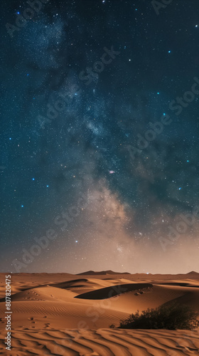 Starry sky above the desert  clear Milky Way  magical atmosphere. Spectacular Milky Way over sand dunes at twilight