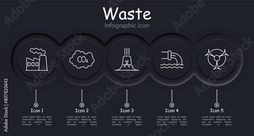 Waste set icon. Infographic, gas, refuse, tailings, cheeseparings, cracked pipe, neomorphism, water, garbage in ocean, radiation, rubbish, nuclear waste, CO2, carbon gas. Refuse concept.