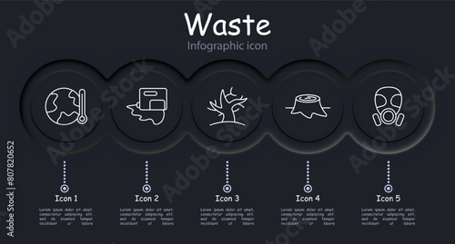 Waste set icon. Infographic, refuse, tailings, cheeseparings, spray can, neomorphism, lungs, plastic, garbage in water, environmental pollution, gas mask, dead tree, wood cutting. Refuse concept.