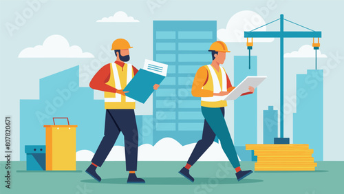Two architects each with a stack of blueprints in hand walk through a busy construction site inspecting the progress of their project and making notes. Vector illustration