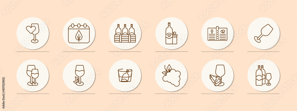 Alcohol set icon. Glass, heart, grapes, fermentation, calendar, aging, bottles, natural products, menu, sommelier, drink with degree, tasting, leaves, cooling, snack, cheese. Wine work concept. Alcohol set icon. Glass, heart, grapes, fermentation, calendar, aging, bottles, natural products, menu, sommelier, drink with degree, tasting, leaves, cooling, snack, cheese. Wine work concept.