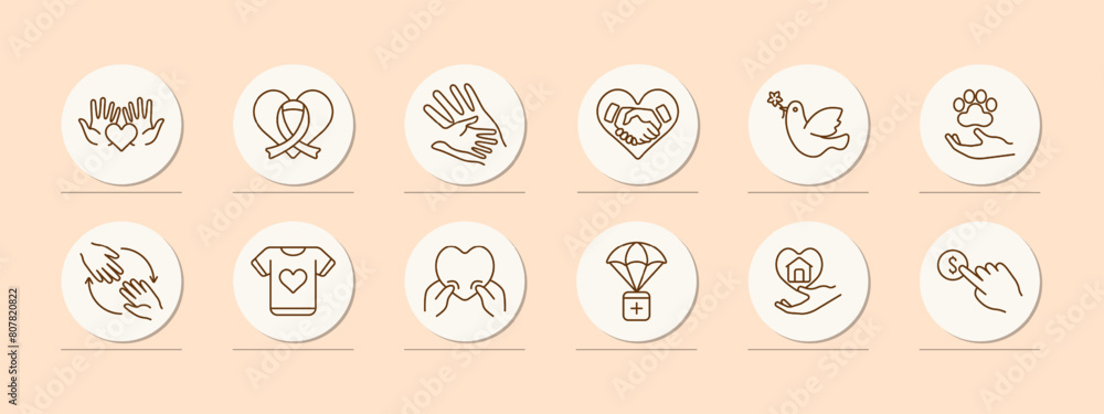 Charity set icon. Helping those in need, heart, palms, hands, ribbon, fighting cancer, bird, flower, animal protection, humanitarian aid, financial support. Helping concept. Charity set icon. Helping those in need, heart, palms, hands, ribbon, fighting cancer, bird, flower, animal protection, humanitarian aid, financial support. Helping concept.
