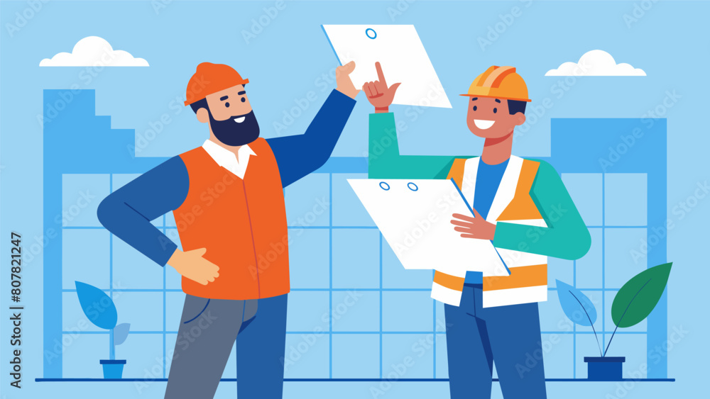 With a confident smile the worker holds up the blueprint for their colleague to see discussing and adjusting plans as they work together.. Vector illustration With a confident smile the worker holds up the blueprint for their colleague to see discussing and adjusting plans as they work together.. Vector illustration