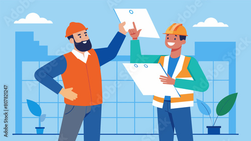 With a confident smile the worker holds up the blueprint for their colleague to see discussing and adjusting plans as they work together.. Vector illustration