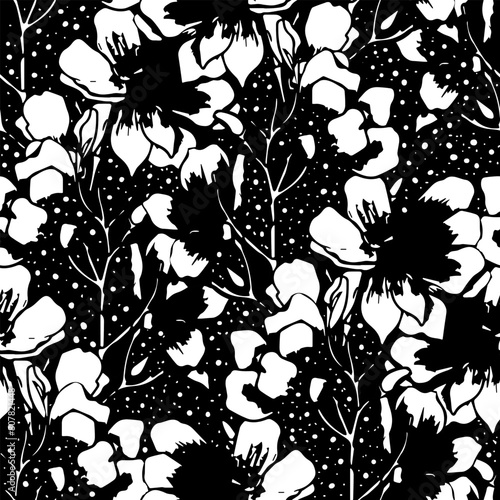 monochrome background image. twig with flowers seamless pattern