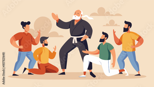 A martial arts master instructs a group of veterans with amputations teaching them how to use their prosthetic limbs in selfdefense techniques unique. Vector illustration