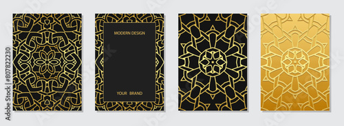 Set of covers, vertical templates. A collection of relief, geometric backgrounds with ethnic gold 3D patterns, with handmade ornaments. Cultural boho motifs of the East, Asia, India, Mexico, Aztec