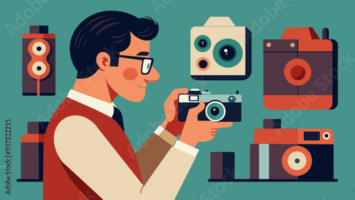 An individual carefully inspecting a display of antique rangefinder cameras admiring the delicate mechanisms and smooth wellworn exteriors.. Vector illustration