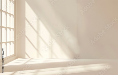 Light smooth beige background with soft shadows and sunlight, minimalist style studio room background, soft shadow from the window on the wall, abstract shadow effect in window style