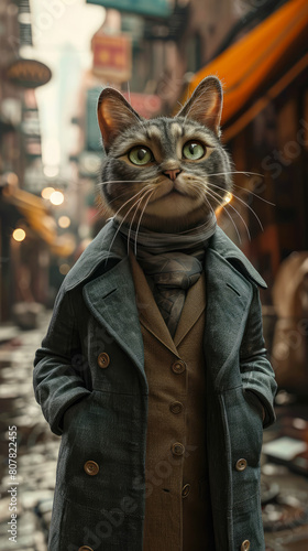 Sleek cat struts with feline grace in a tailored ensemble, embodying street style.