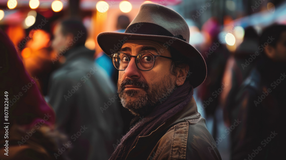 An adult man against the backdrop of a city street. Street musician or artist An adult man against the backdrop of a city street. Street musician or artist