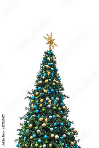 Decorated Christmas tree with blue, green, silver and gold baubles isolated on white background.
