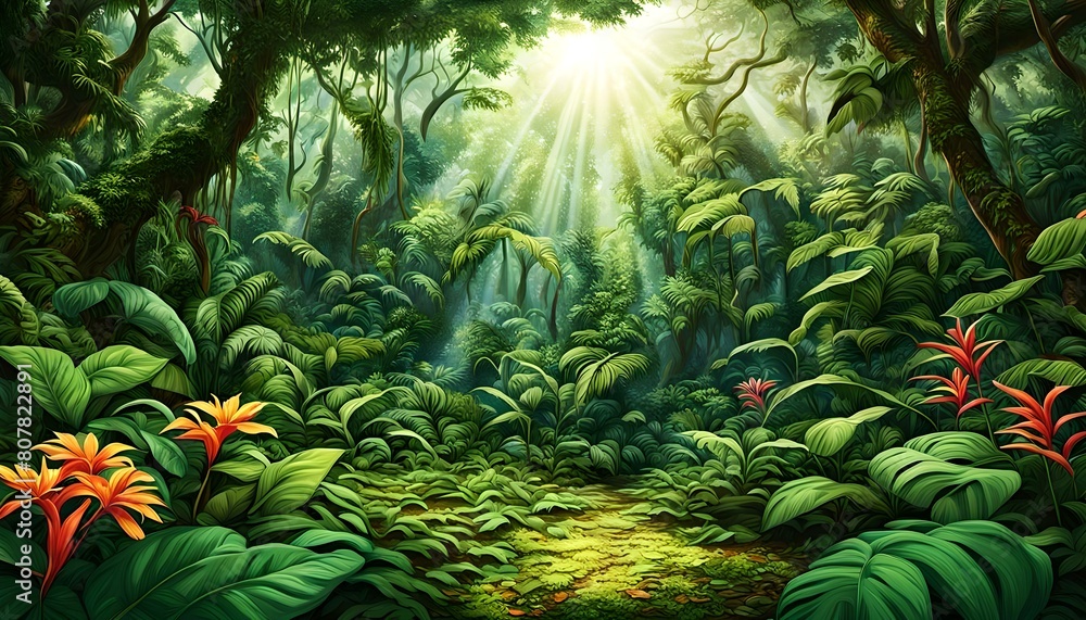 lush, green jungle canopy with sunlight filtering through the leaves and exotic flowers blooming on the forest floor.