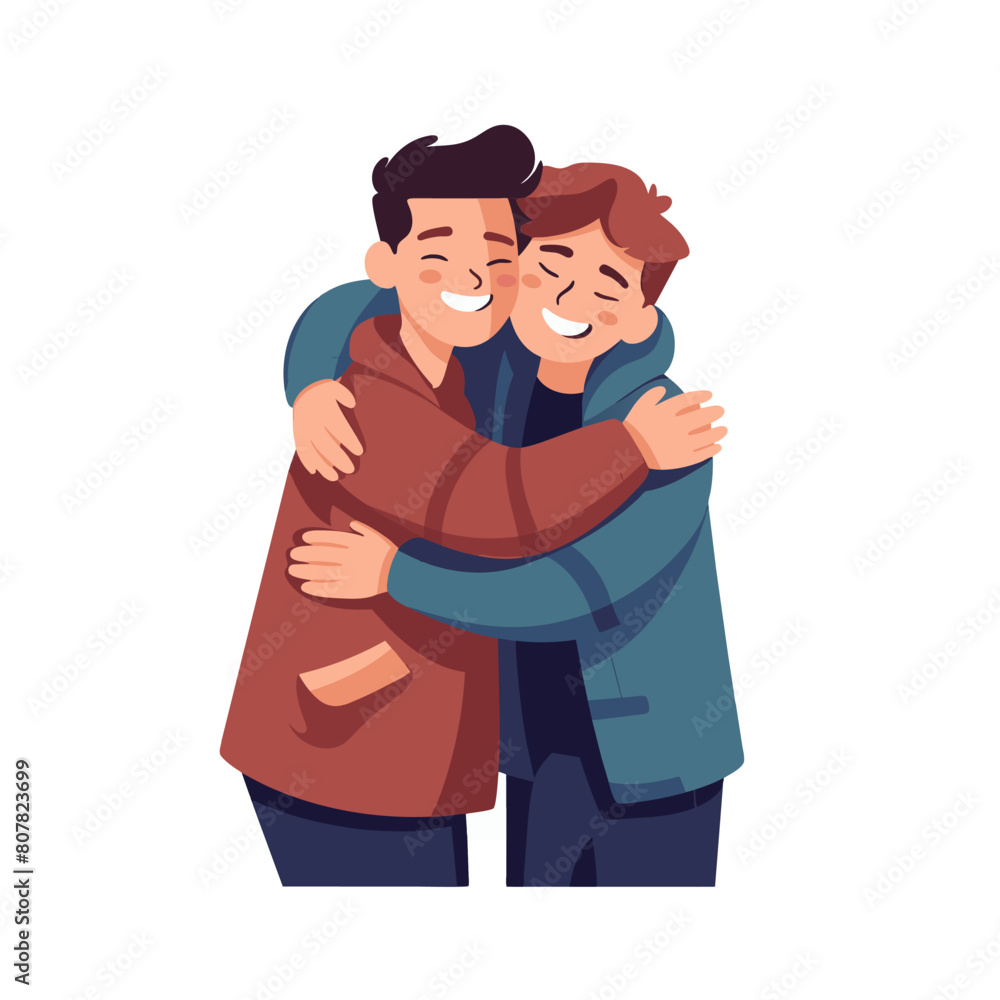 Happy boys hugging each other. Male friendship. Cuddle as a manifestation of feelings of love. Men embrace. Buddy relationship illustration. Cartoon Happy boys hugging each other. Male friendship. Cuddle as a manifestation of feelings of love. Men embrace. Buddy relationship illustration. Cartoon