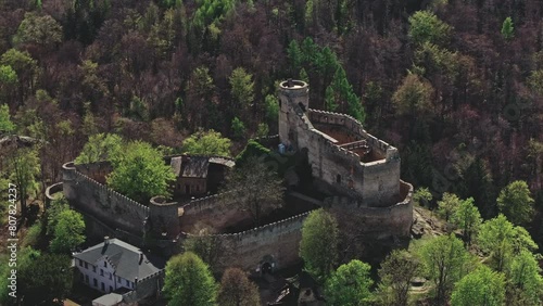 Panoramic drone shot of Chojnik Castle, Poland. photo