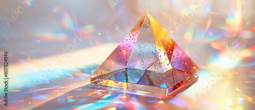 A prismlike crystal pyramid, radiating a spectrum of rainbow colors on a white surface 8K , high-resolution, ultra HD,up32K HD photo