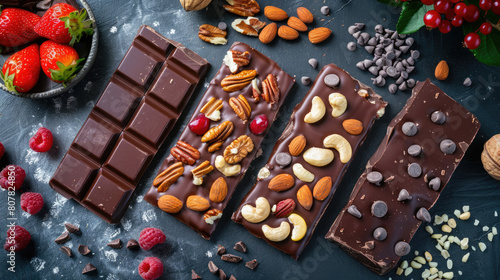 Handmade chocolate bars with a variety of dried fruit and nut toppings