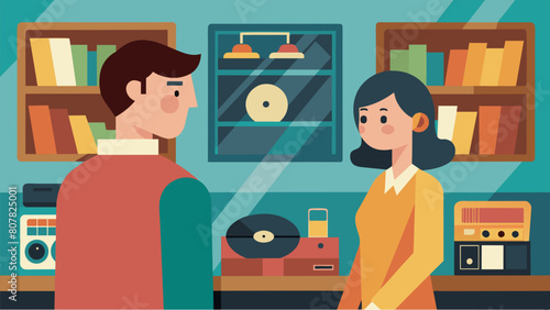 In a vintage store a young couple is drawn to a display of old record players and vinyl records intrigued by this new way of experiencing music. Vector illustration