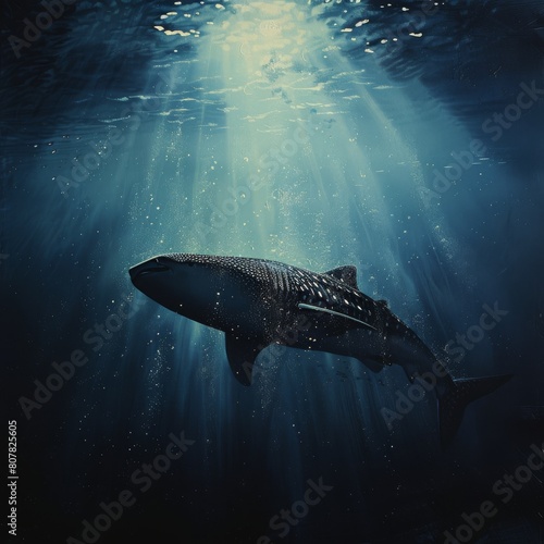 Majestic Whale Shark rises from the water against a bright sky in a modern mythical scene.