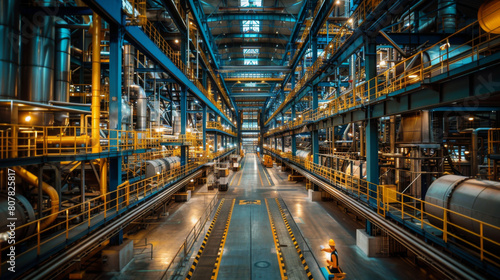 Panoramic view of a vast, well-lit modern industrial factory with machinery and workers at night.