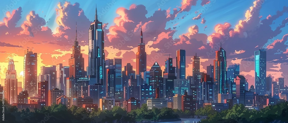 Fototapeta premium In the image, a modern city is showcased, with skyscrapers made of glass and steel reflecting the sunlight, adding to the citys vibrant atmosphere