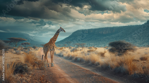 A majestic giraffe walks along a dusty road in the scenic African savannah under dramatic skies.