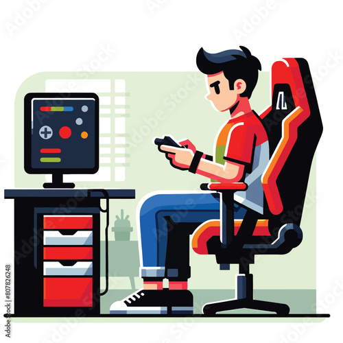 illustration of a man playing a game seriously on a computer
