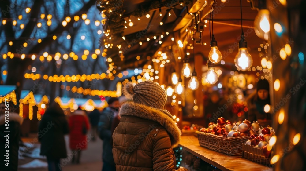 Christmas market with lights, carolers, and holiday cheer for festive seasonal shopping
