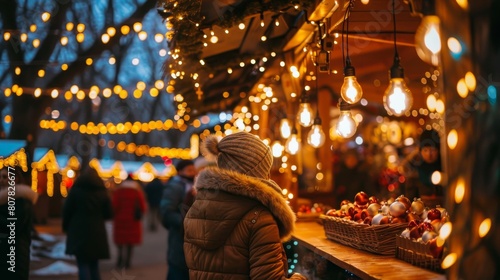 Christmas market with lights  carolers  and holiday cheer for festive seasonal shopping