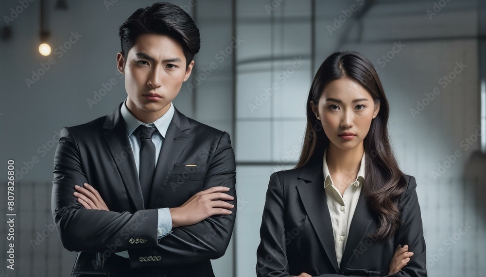 怒っているスーツ姿の若い日本人男性と女性